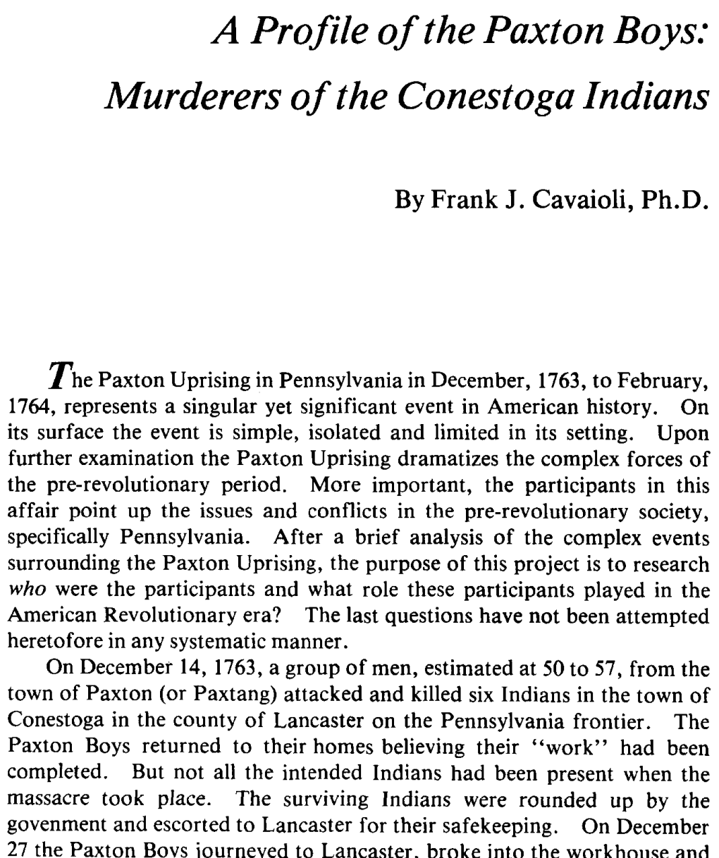 A Profile of the Paxton Boys: Murderers of the Conestoga Indians