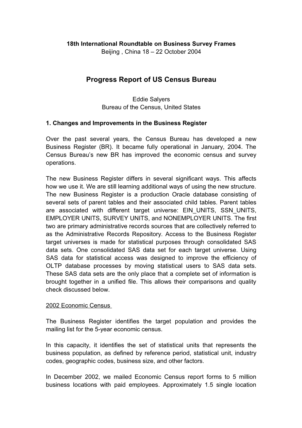 18Th International Roundtable on Business Survey Frames