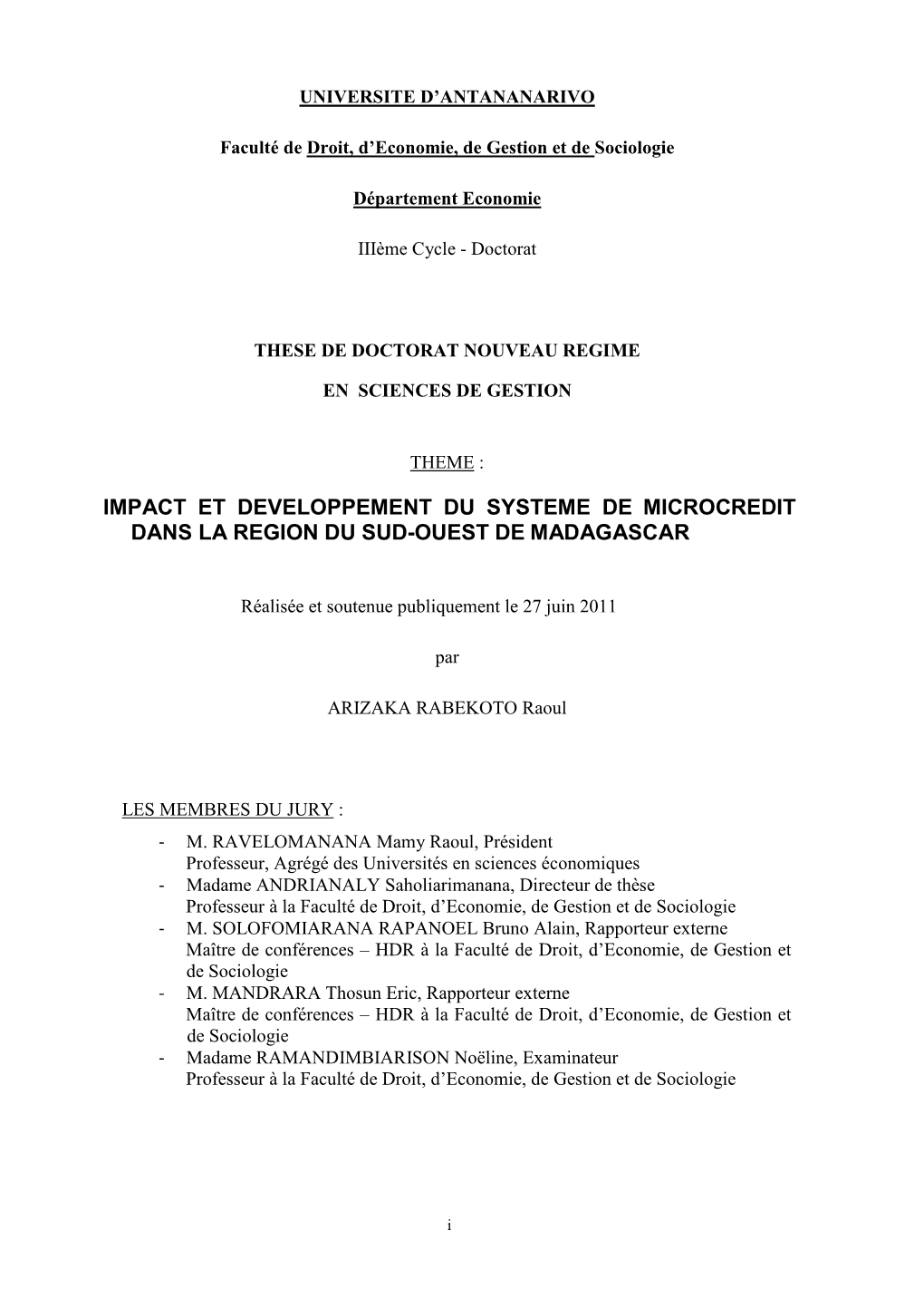 Impact Et Developpement Du Systeme De Microcredit Dans La Region Du Sud-Ouest De Madagascar