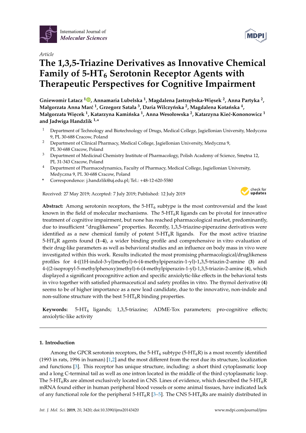 The 1,3,5-Triazine Derivatives As Innovative Chemical Family of 5-HT6 Serotonin Receptor Agents with Therapeutic Perspectives for Cognitive Impairment