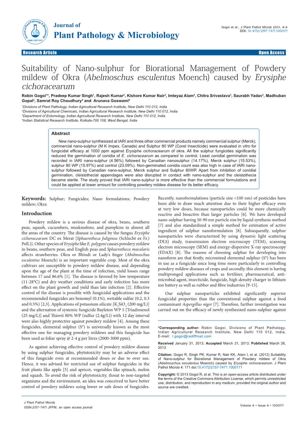 Suitability of Nano-Sulphur for Biorational Management Of