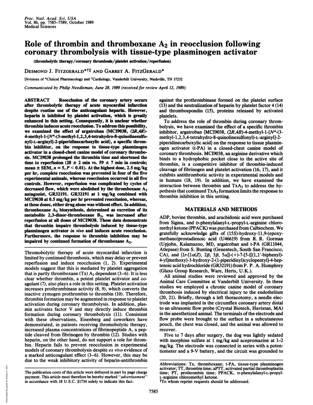 Role of Thrombin and Thromboxane A2 in Reocclusion Following Coronary