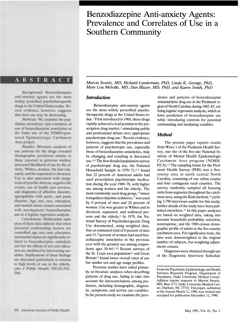 Benzodiazepine Anti-Anxiety Agents: Prevalence and Correlates of Use in a Southern Community