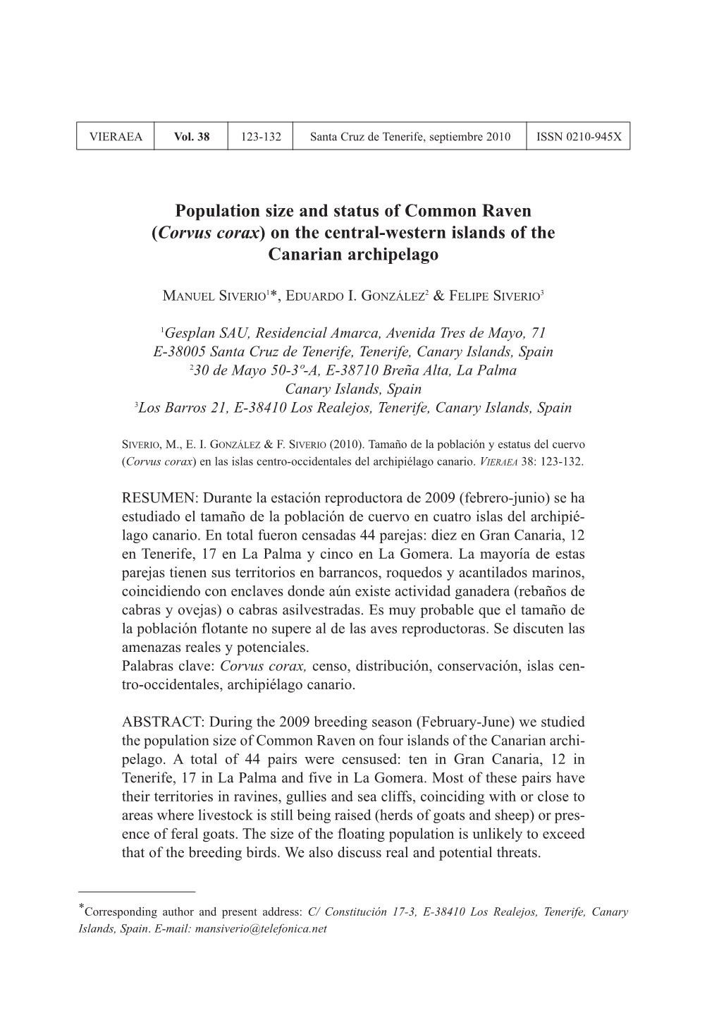 Population Size and Status of Common Raven (Corvus Corax ) on the Central-Western Islands of the Canarian Archipelago