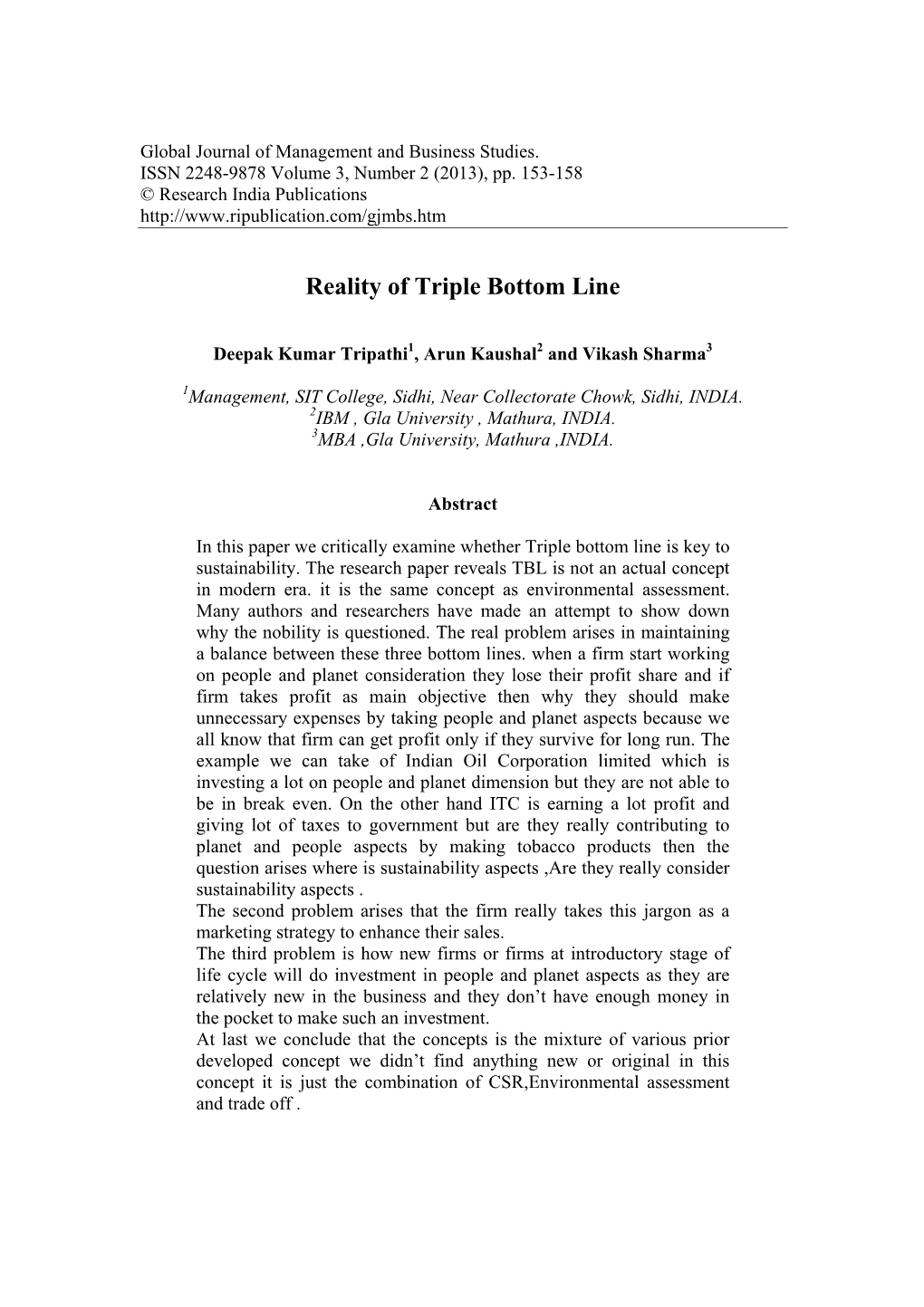 Reality of Triple Bottom Line