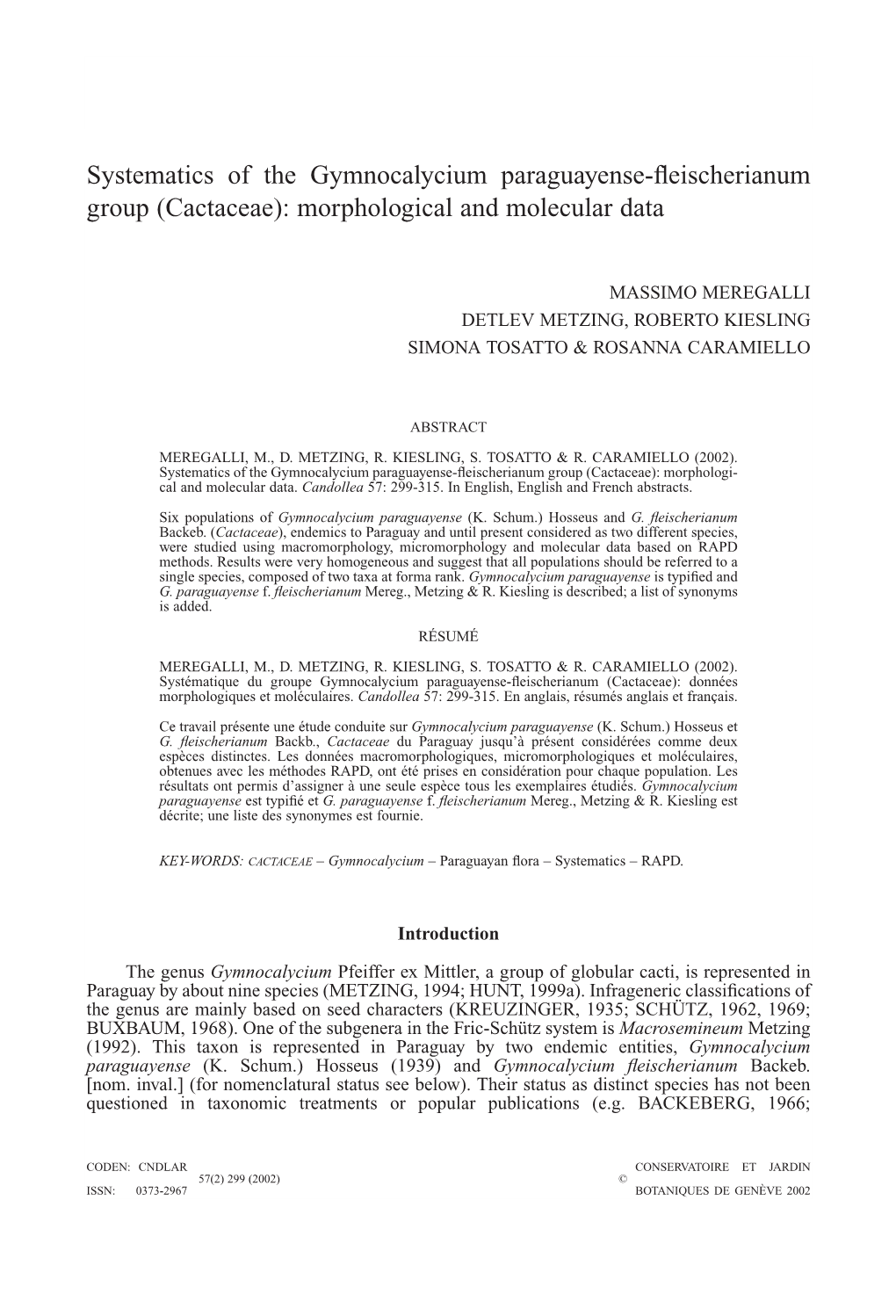 Systematics of the Gymnocalycium Paraguayense-Fleischerianum Group