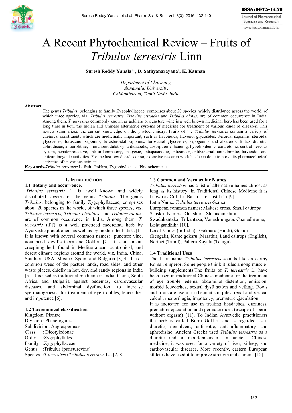 A Recent Phytochemical Review – Fruits of Tribulus Terrestris Linn