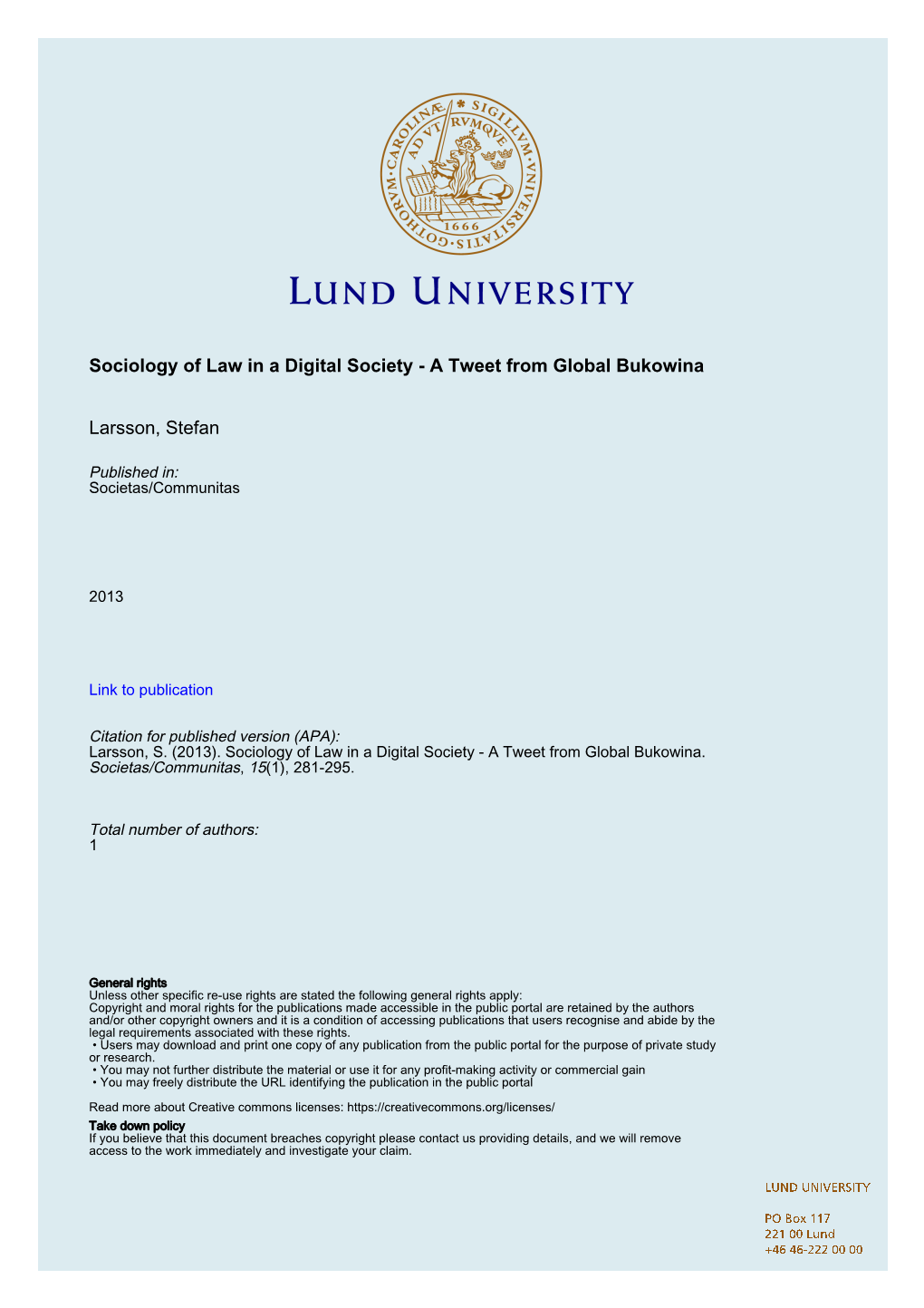 Sociology of Law in a Digital Society - a Tweet from Global Bukowina