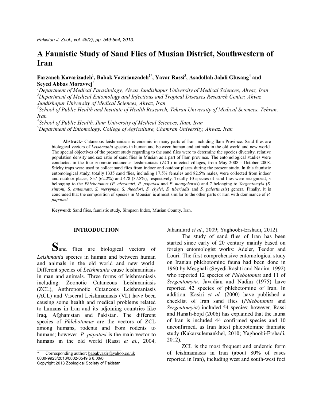 A Faunistic Study of Sand Flies of Musian District, Southwestern of Iran