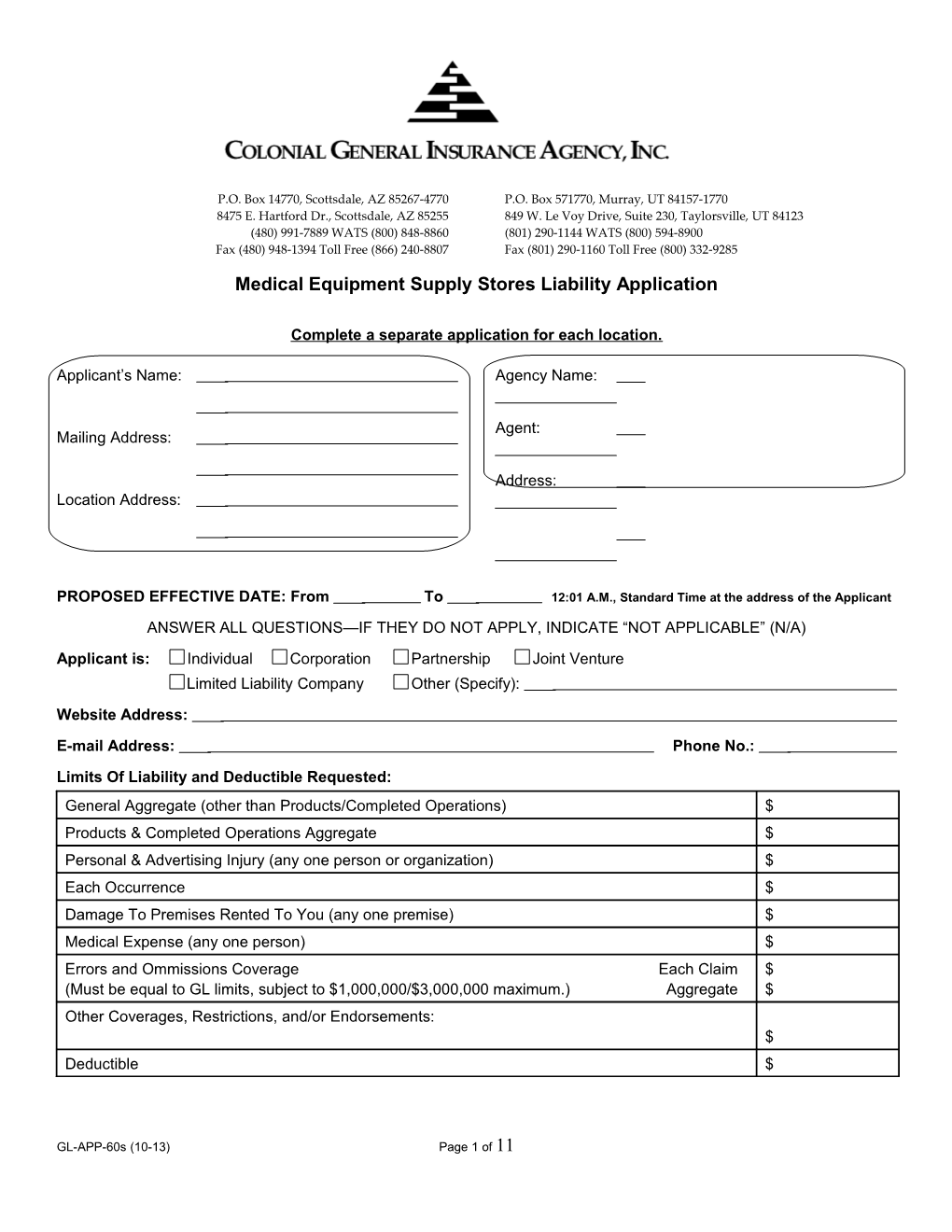 Medical Equipment Supply Stores Liability Application