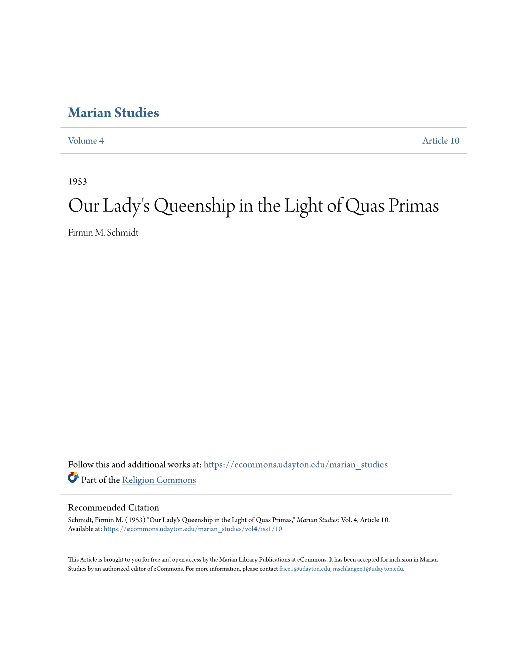Our Lady's Queenship in the Light of Quas Primas Firmin M