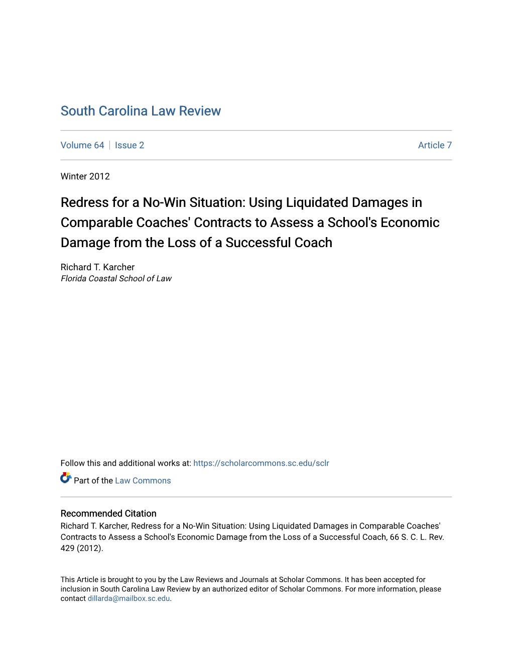 Using Liquidated Damages in Comparable Coaches' Contracts to Assess a School's Economic Damage from the Loss of a Successful Coach