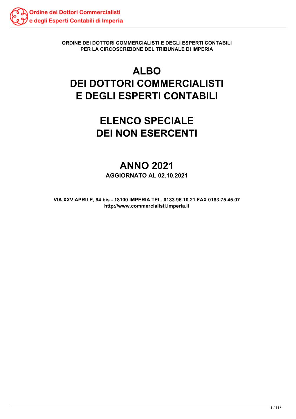 Albo Dei Dottori Commercialisti E Degli Esperti Contabili Elenco Speciale Dei Non Esercenti Anno 2021