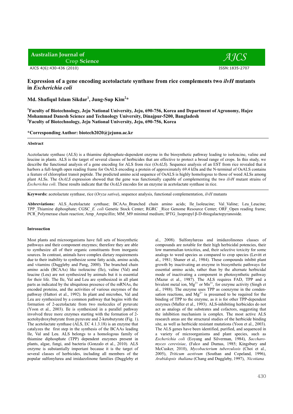 Expression of a Gene Encoding Acetolactate Synthase from Rice Complements Two Ilvh Mutants in Escherichia Coli