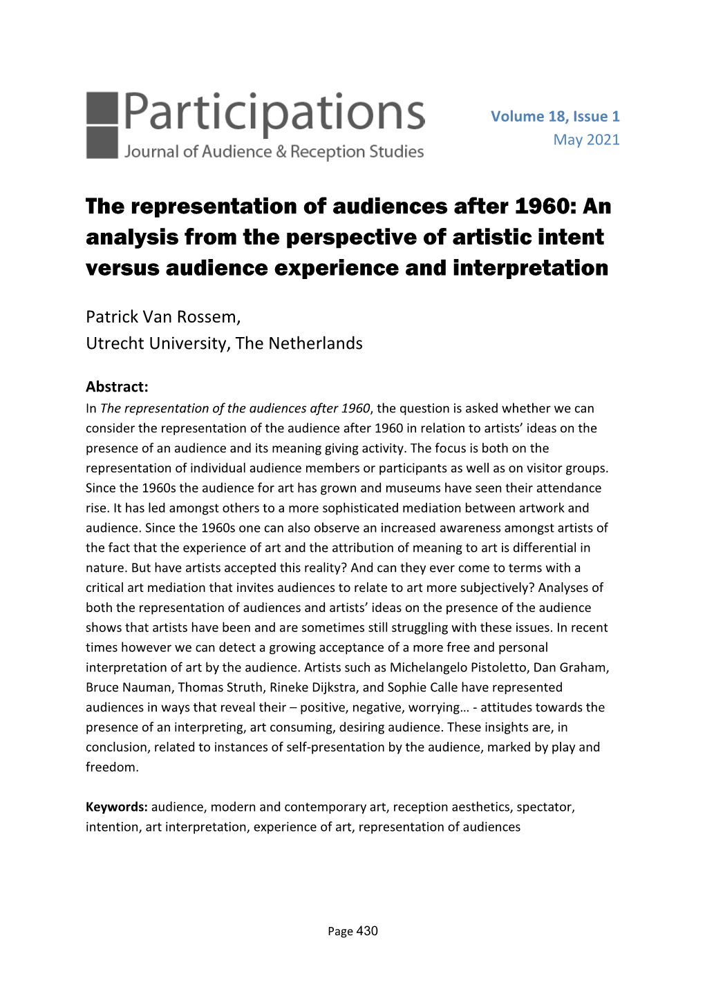 An Analysis from the Perspective of Artistic Intent Versus Audience Experience and Interpretation