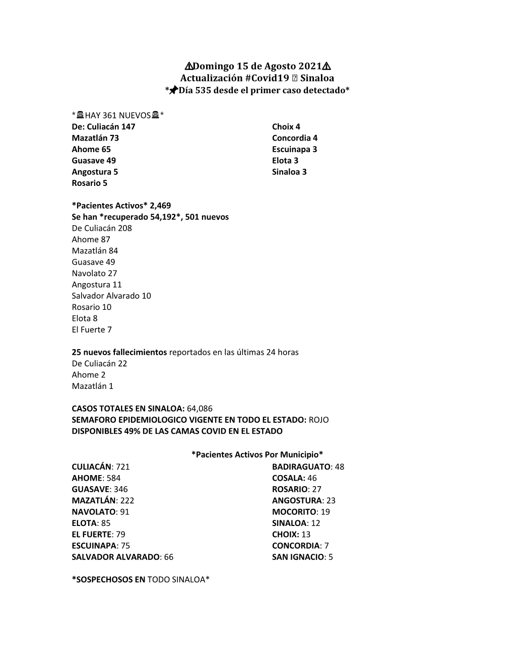 Domingo 15 De Agosto 2021 Actualización #Covid19 Sinaloa