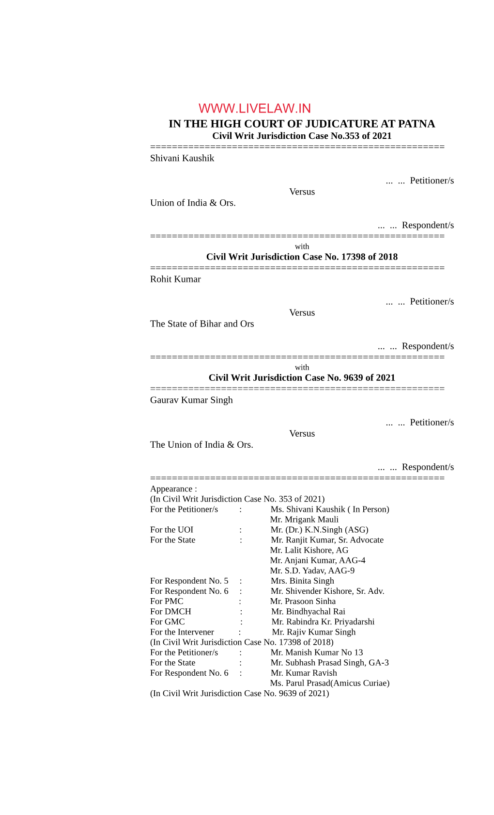 IN the HIGH COURT of JUDICATURE at PATNA Civil Writ Jurisdiction Case No.353 of 2021 ======Shivani Kaushik