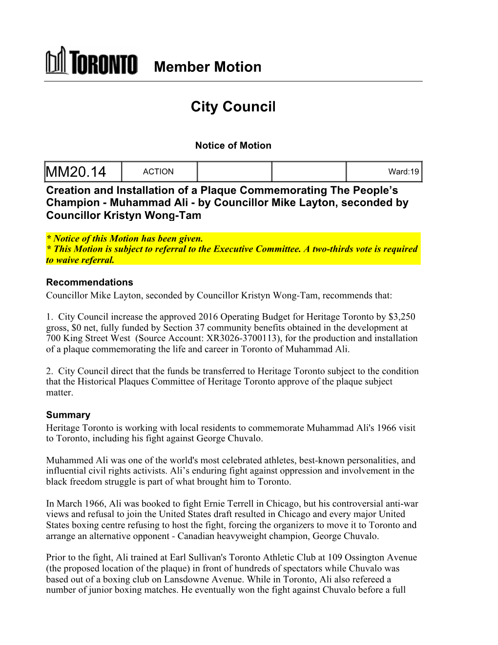 Member Motion City Council MM20.14