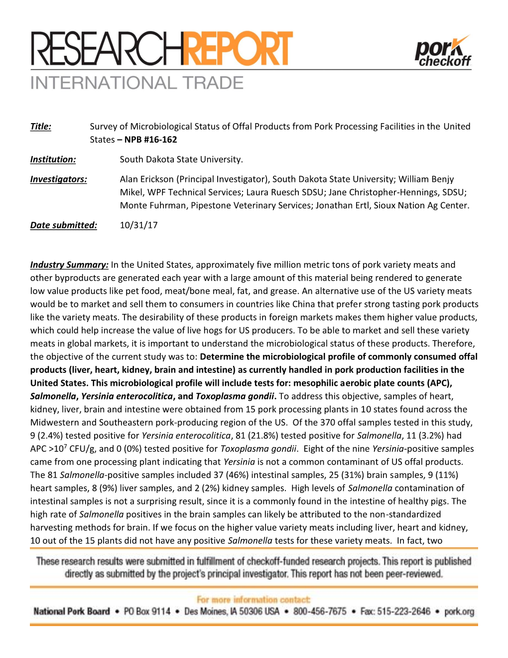 Title: Survey of Microbiological Status of Offal Products from Pork