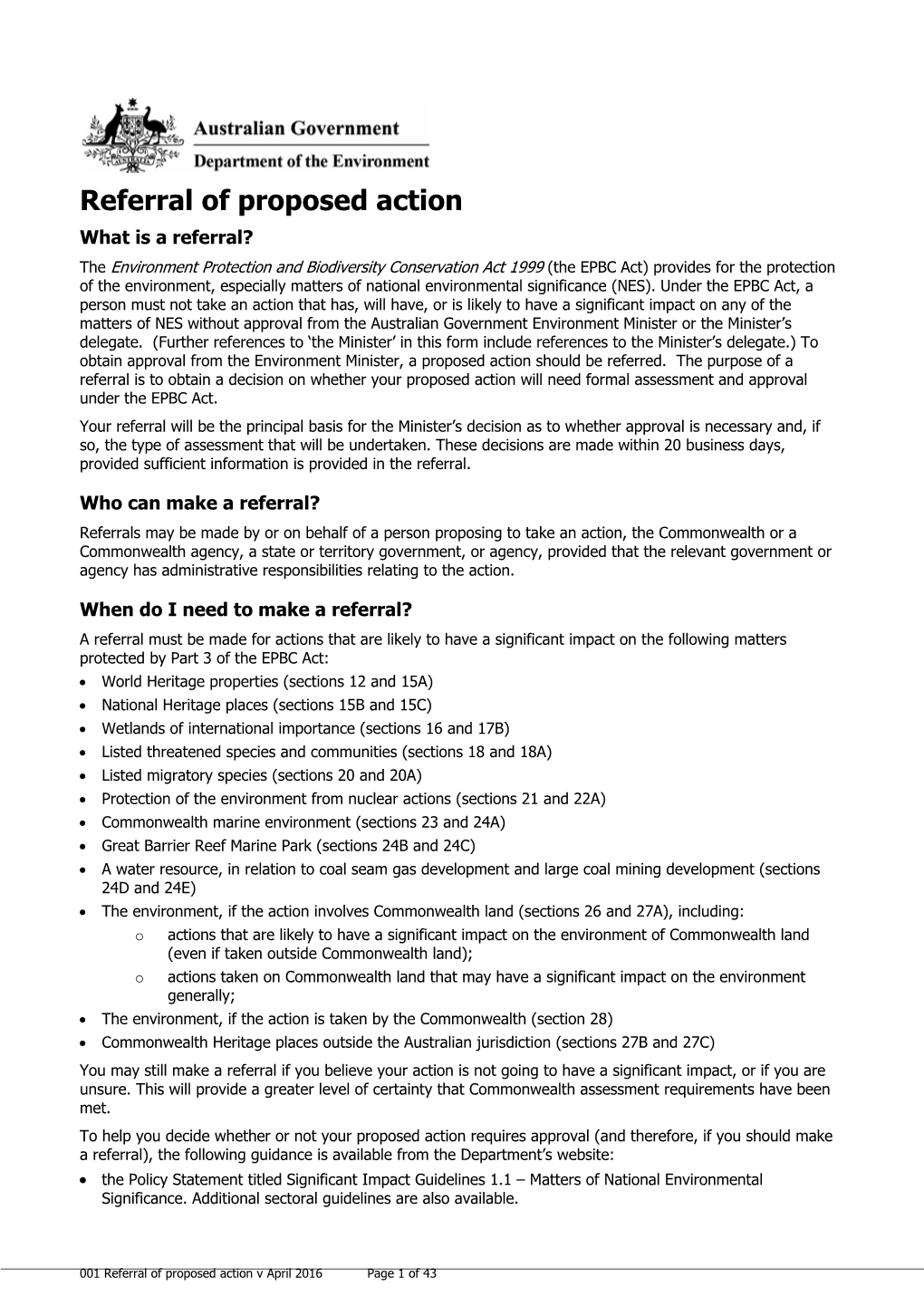 Referral of Proposed Action Form