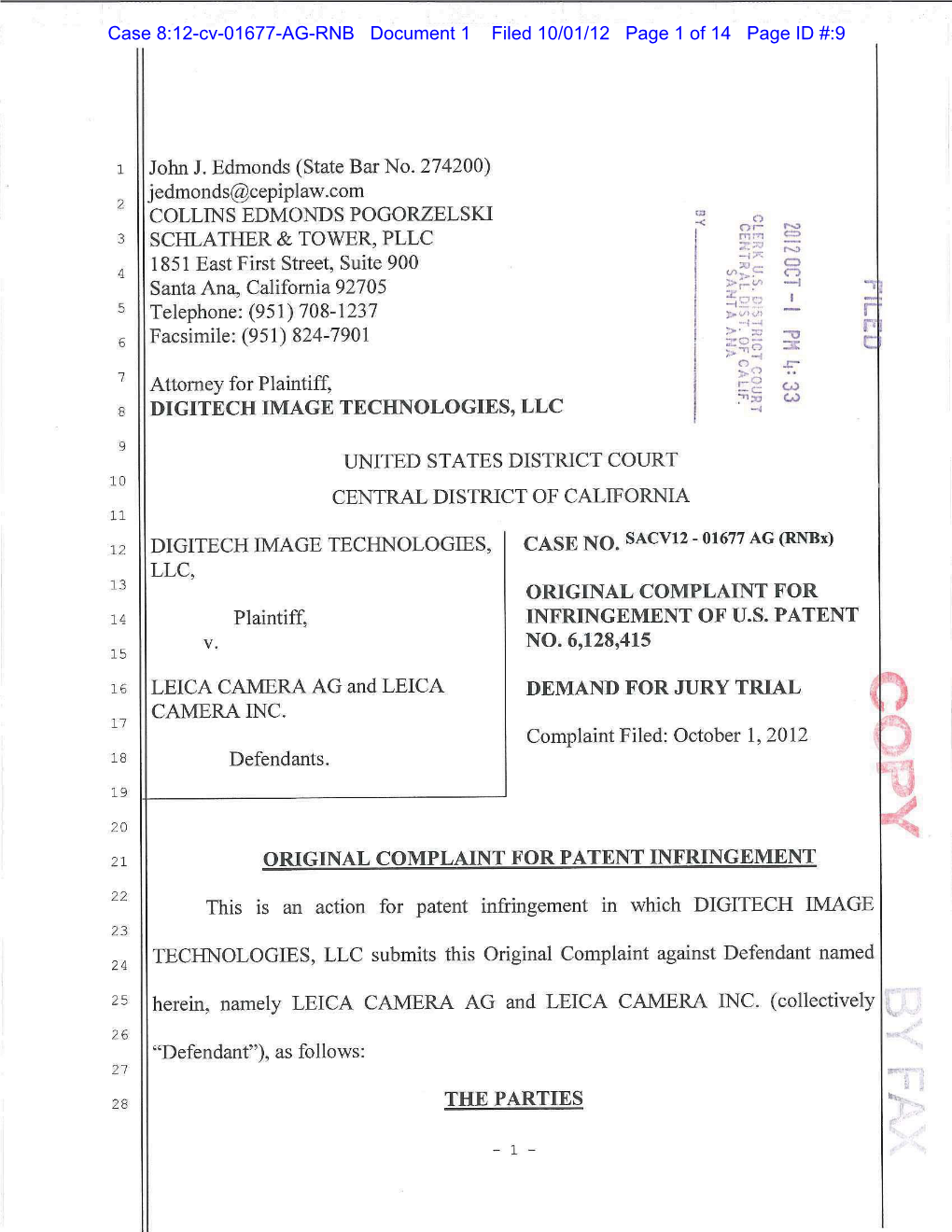 Case 8:12-Cv-01677-AG-RNB Document 1 Filed 10/01/12 Page 1 of 14 Page ID #:9 Case 8:12-Cv-01677-AG-RNB Document 1 Filed 10/01/12 Page 2 of 14 Page ID #:10