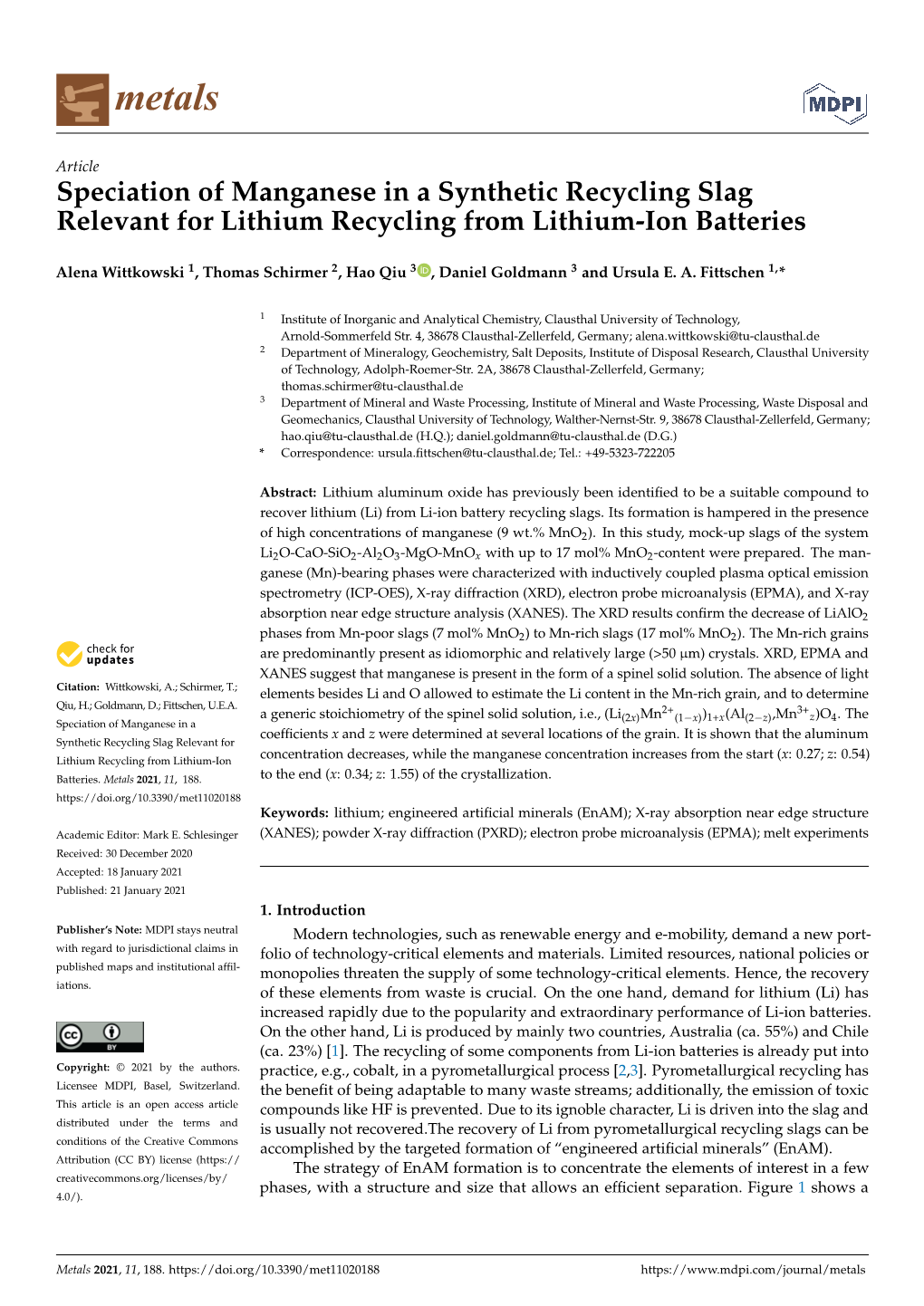 Speciation of Manganese in a Synthetic Recycling Slag Relevant for Lithium Recycling from Lithium-Ion Batteries