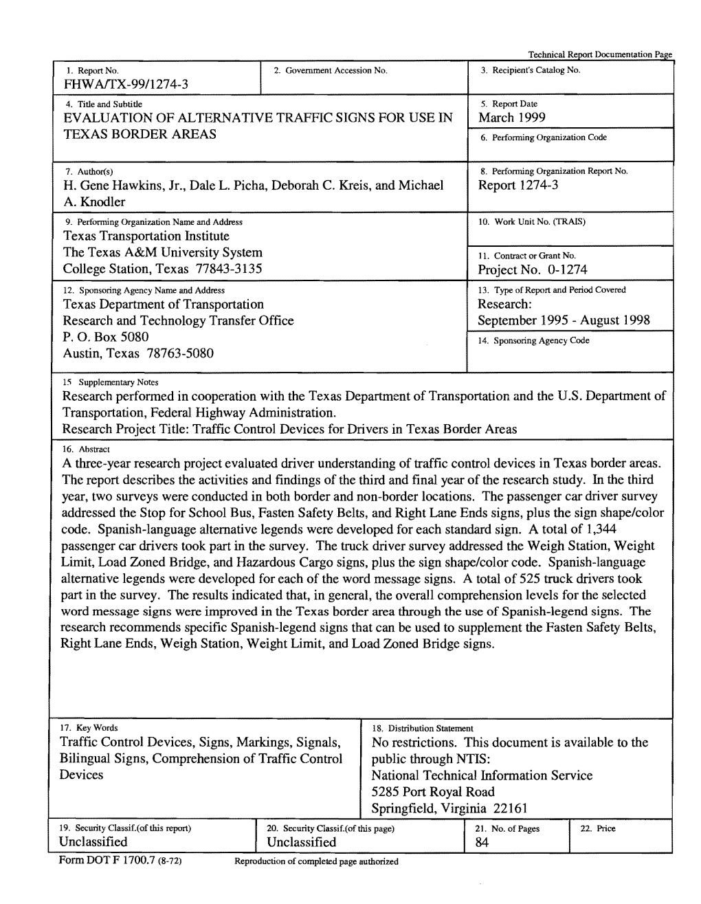 Evaluation of Alternative Traffic Signs for Use in Texas Border Areas