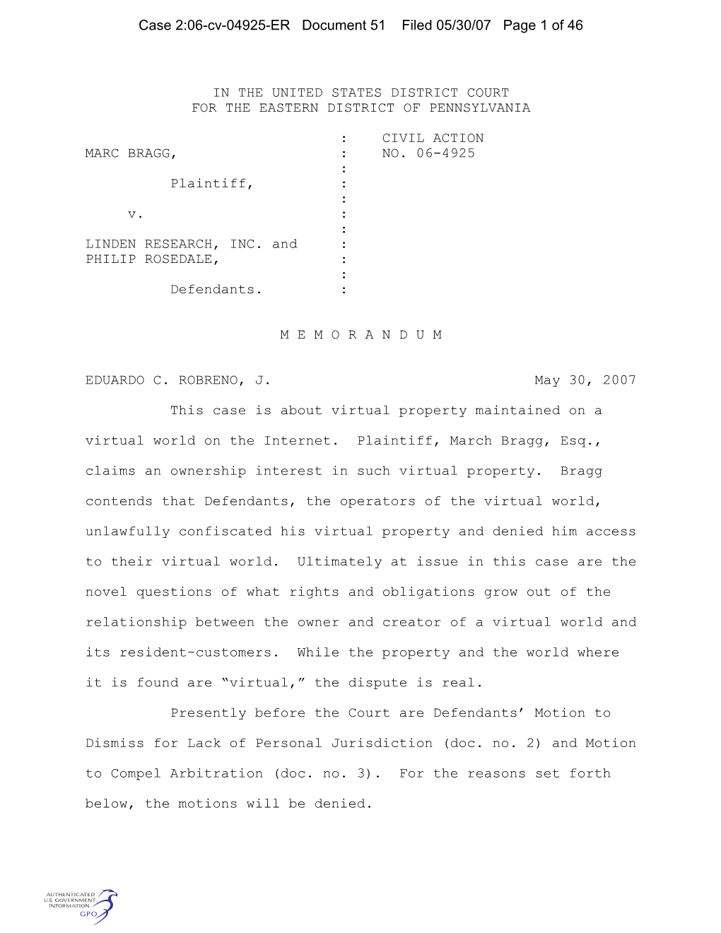 IN the UNITED STATES DISTRICT COURT for the EASTERN DISTRICT of PENNSYLVANIA : CIVIL ACTION MARC BRAGG, : NO. 06-4925 : Plaintif