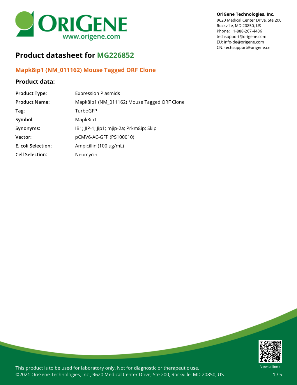 Mapk8ip1 (NM 011162) Mouse Tagged ORF Clone Product Data