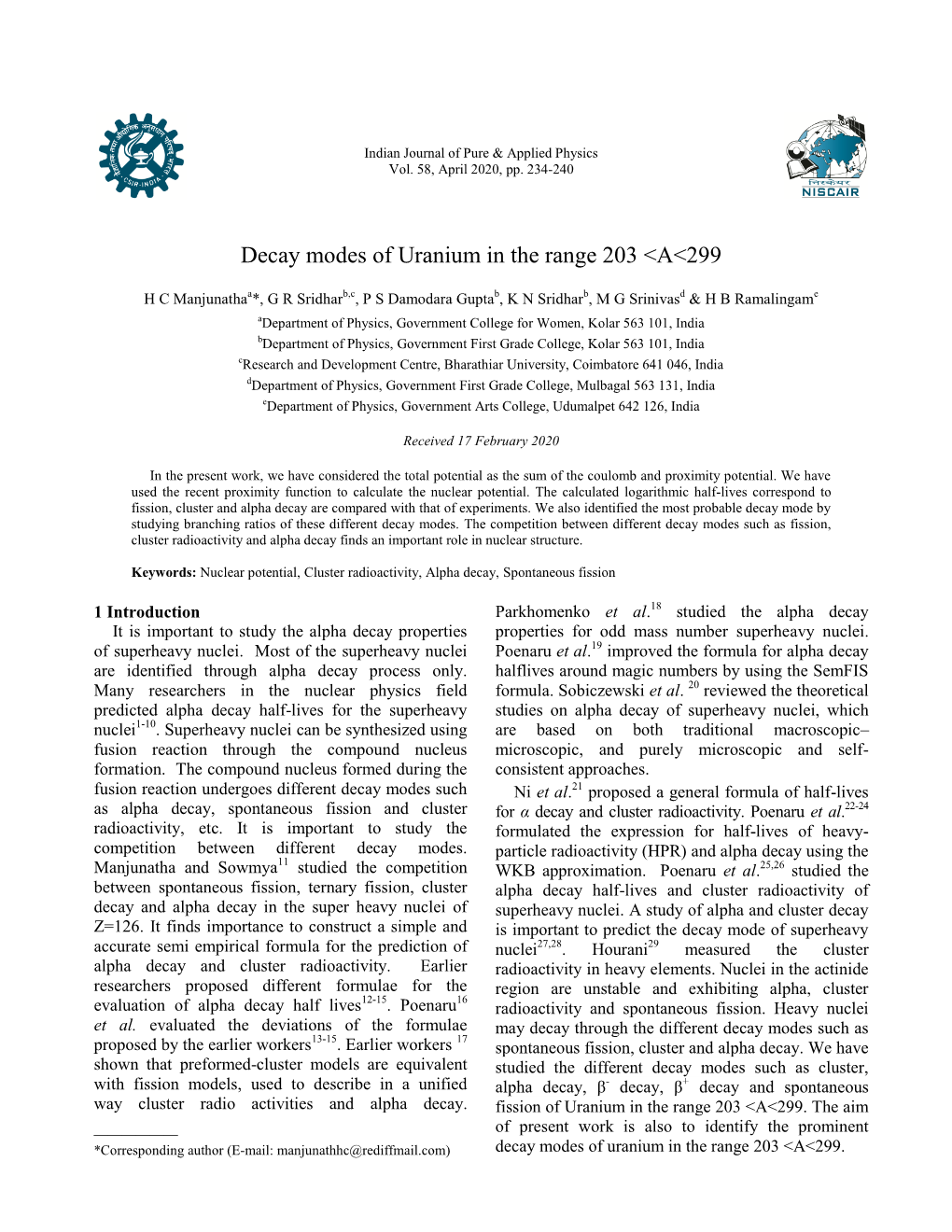 Decay Modes of Uranium in the Range 203 <A<299