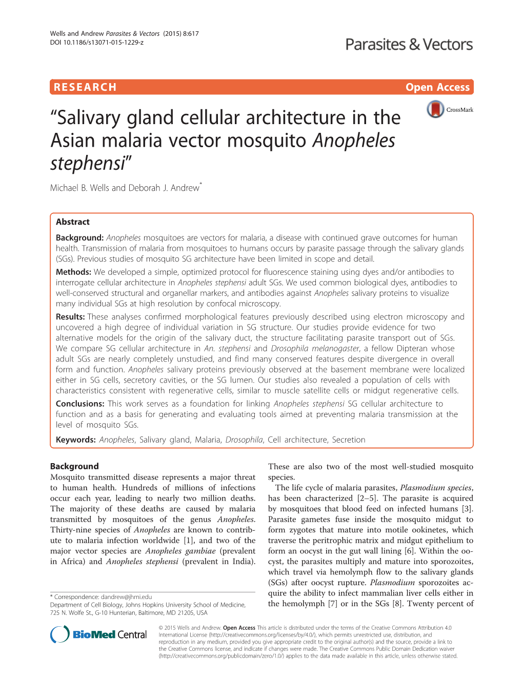 “Salivary Gland Cellular Architecture in the Asian Malaria Vector Mosquito Anopheles Stephensi”