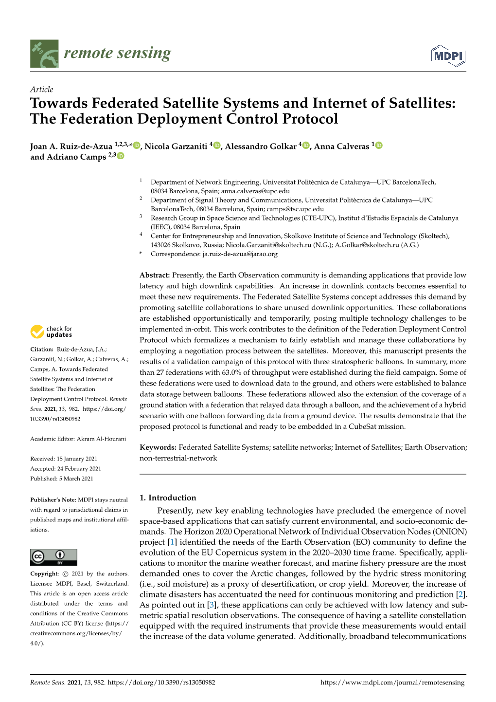 Towards Federated Satellite Systems and Internet of Satellites: the Federation Deployment Control Protocol