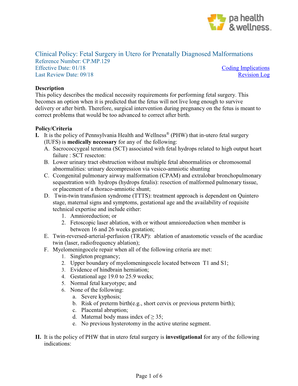 Clinical Policy: Fetal Surgery in Utero for Prenatally Diagnosed