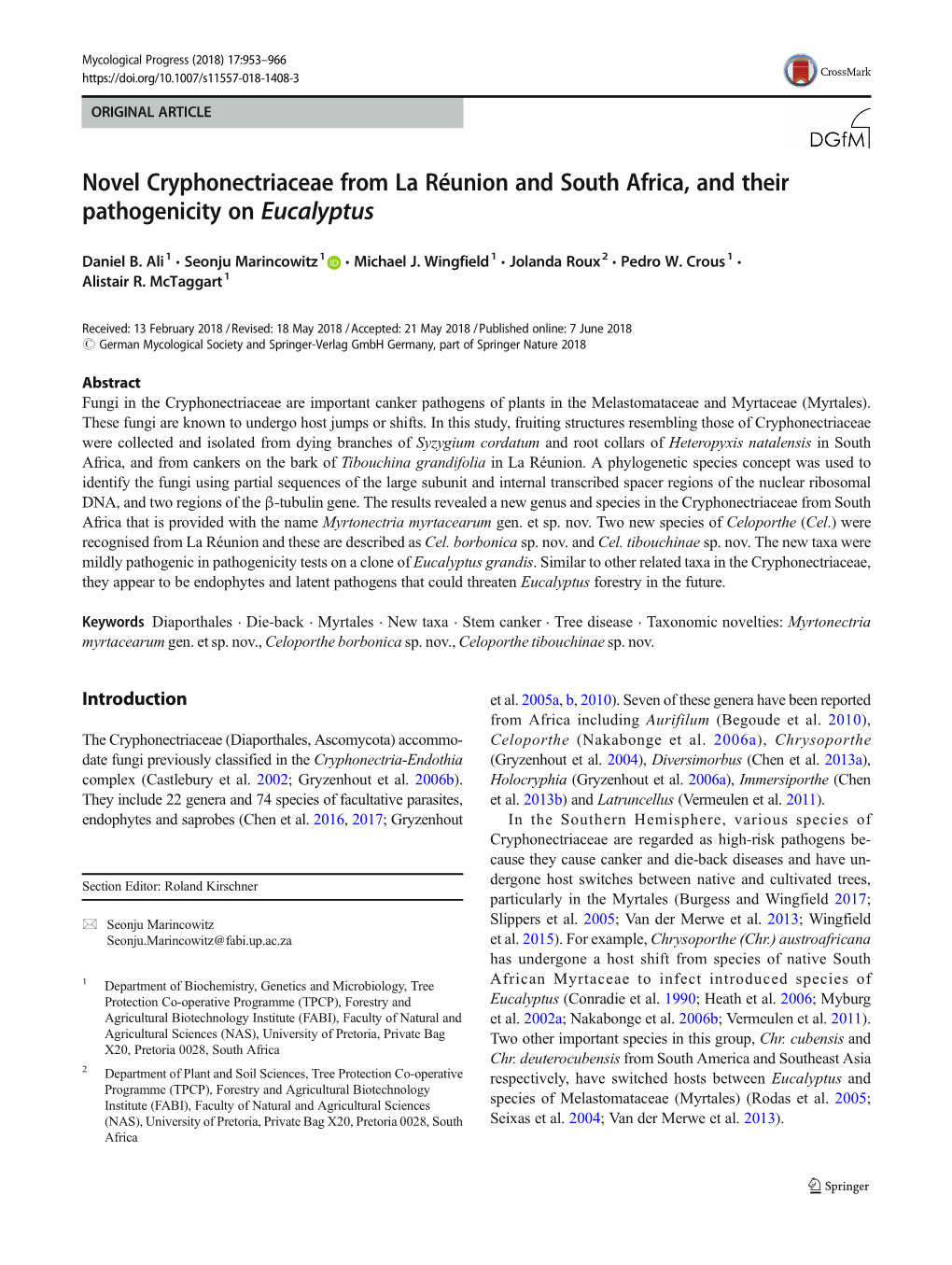 Novel Cryphonectriaceae from La Réunion and South Africa, and Their Pathogenicity on Eucalyptus