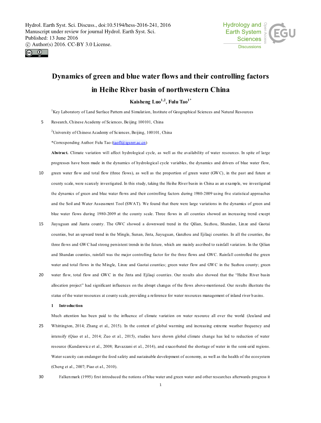 Dynamics of Green and Blue Water Flows and Their Controlling Factors in Heihe River Basin of Northwestern China