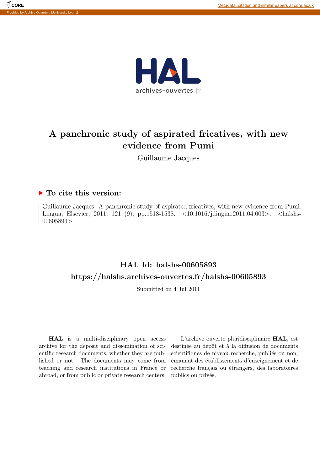 A Panchronic Study of Aspirated Fricatives, with New Evidence from Pumi Guillaume Jacques