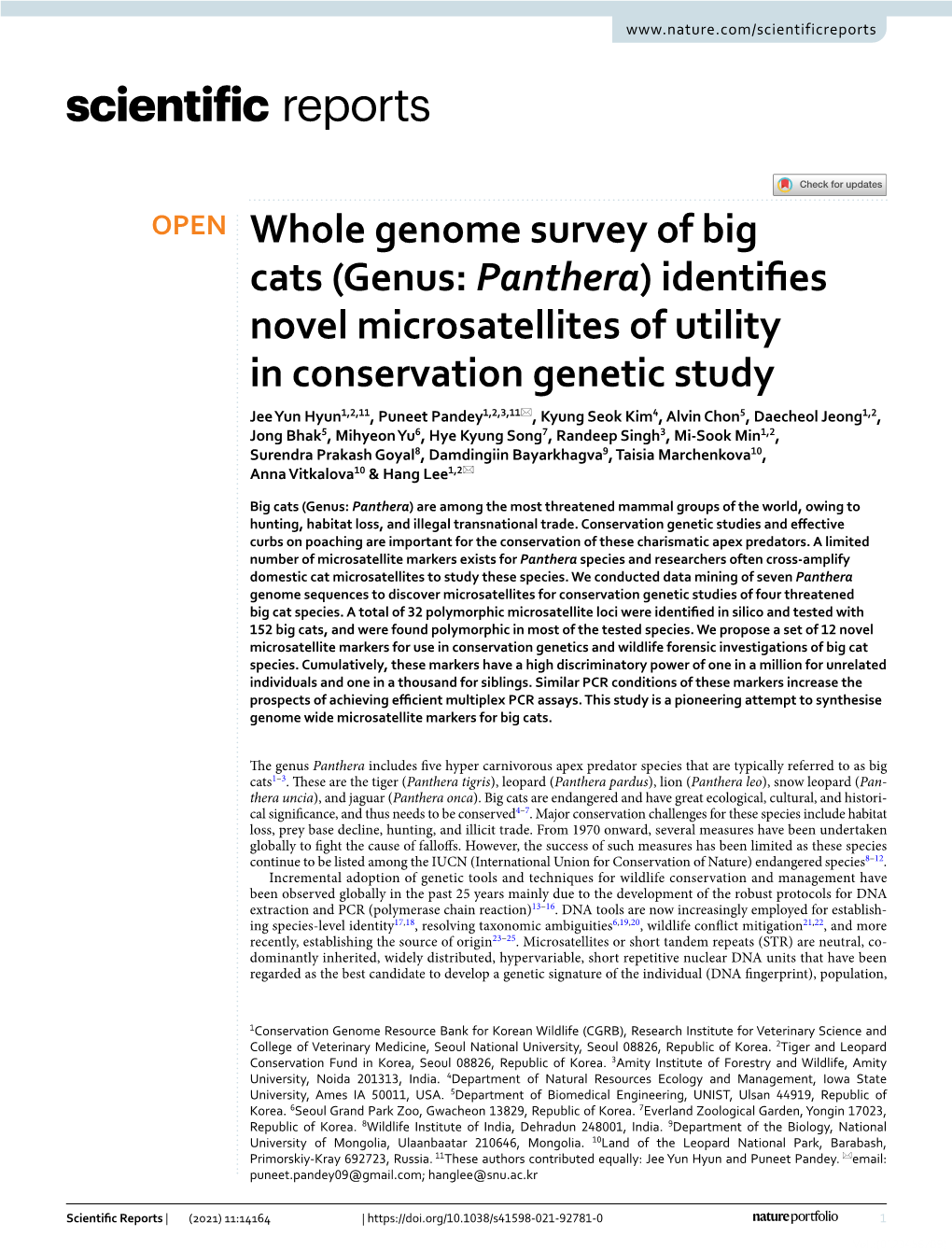 Whole Genome Survey of Big Cats (Genus: Panthera) Identifies Novel Microsatellites of Utility in Conservation Genetic Study