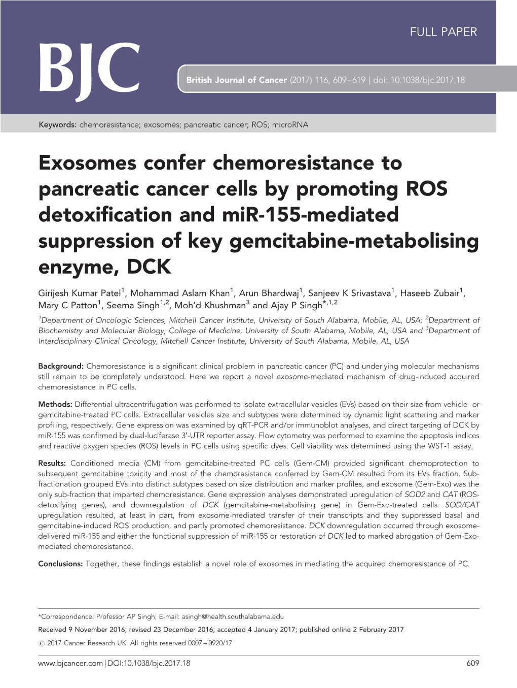 Exosomes Confer Chemoresistance to Pancreatic Cancer Cells By