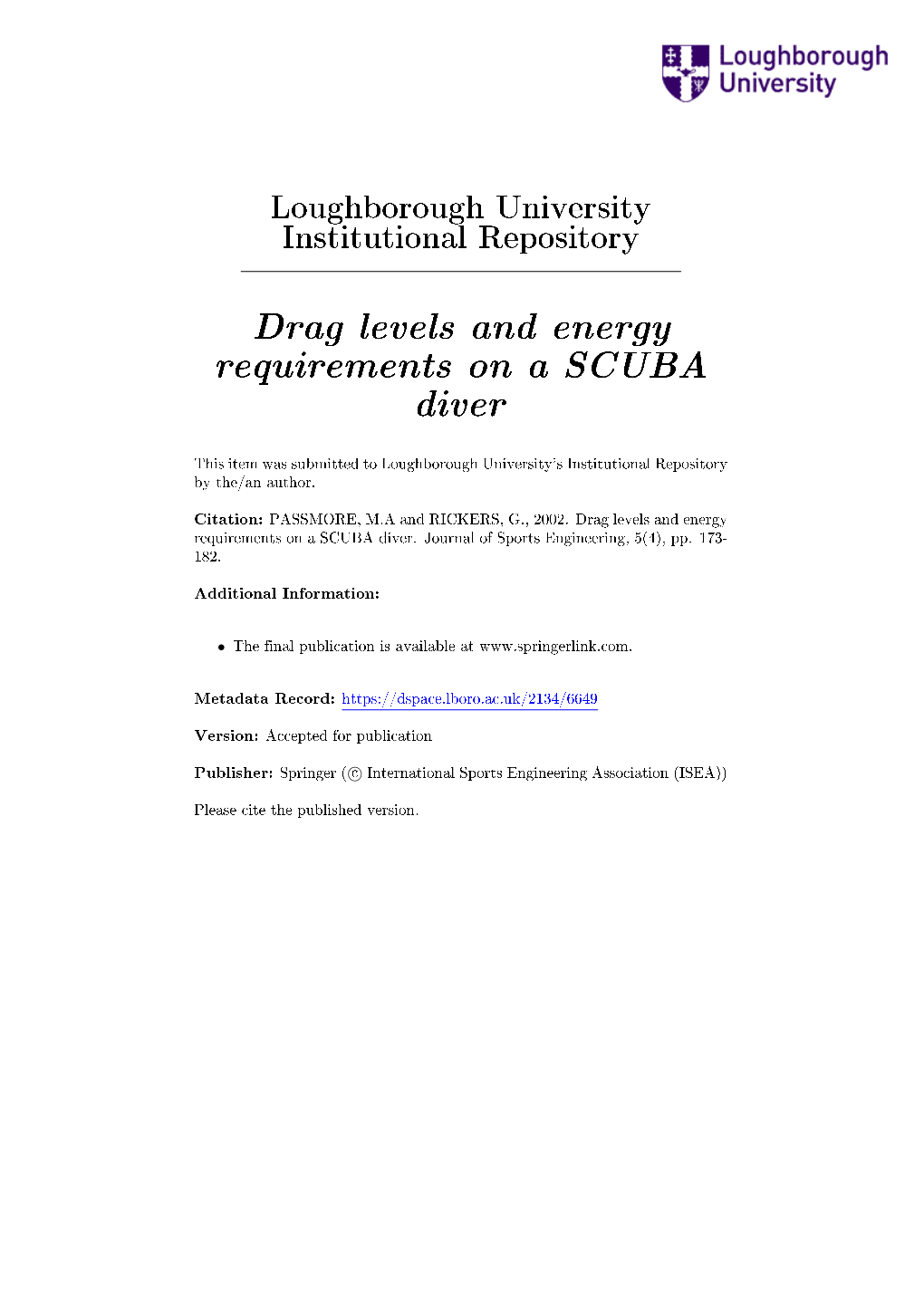 Drag Levels and Energy Requirements on a SCUBA Diver