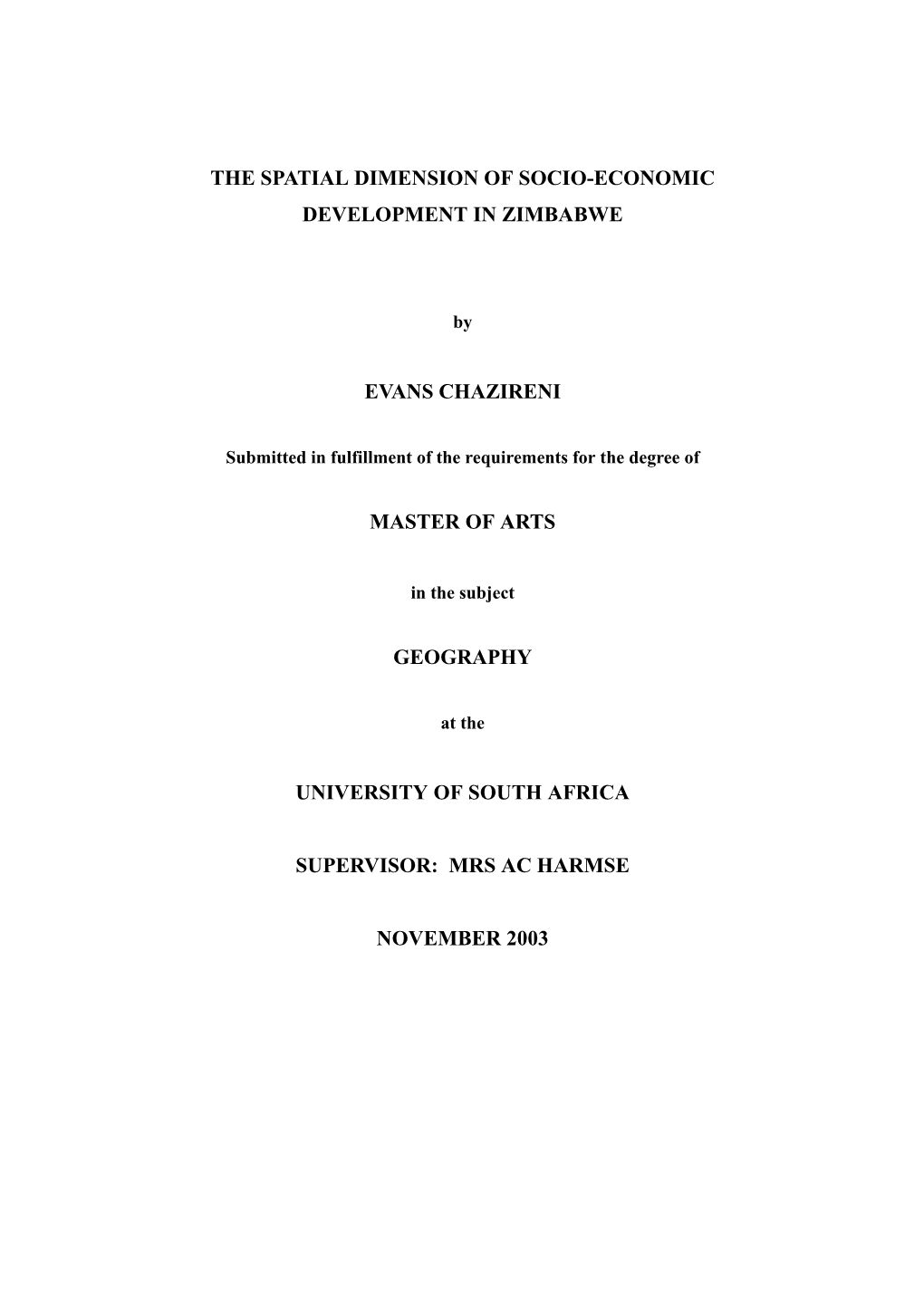 The Spatial Dimension of Socio-Economic Development in Zimbabwe