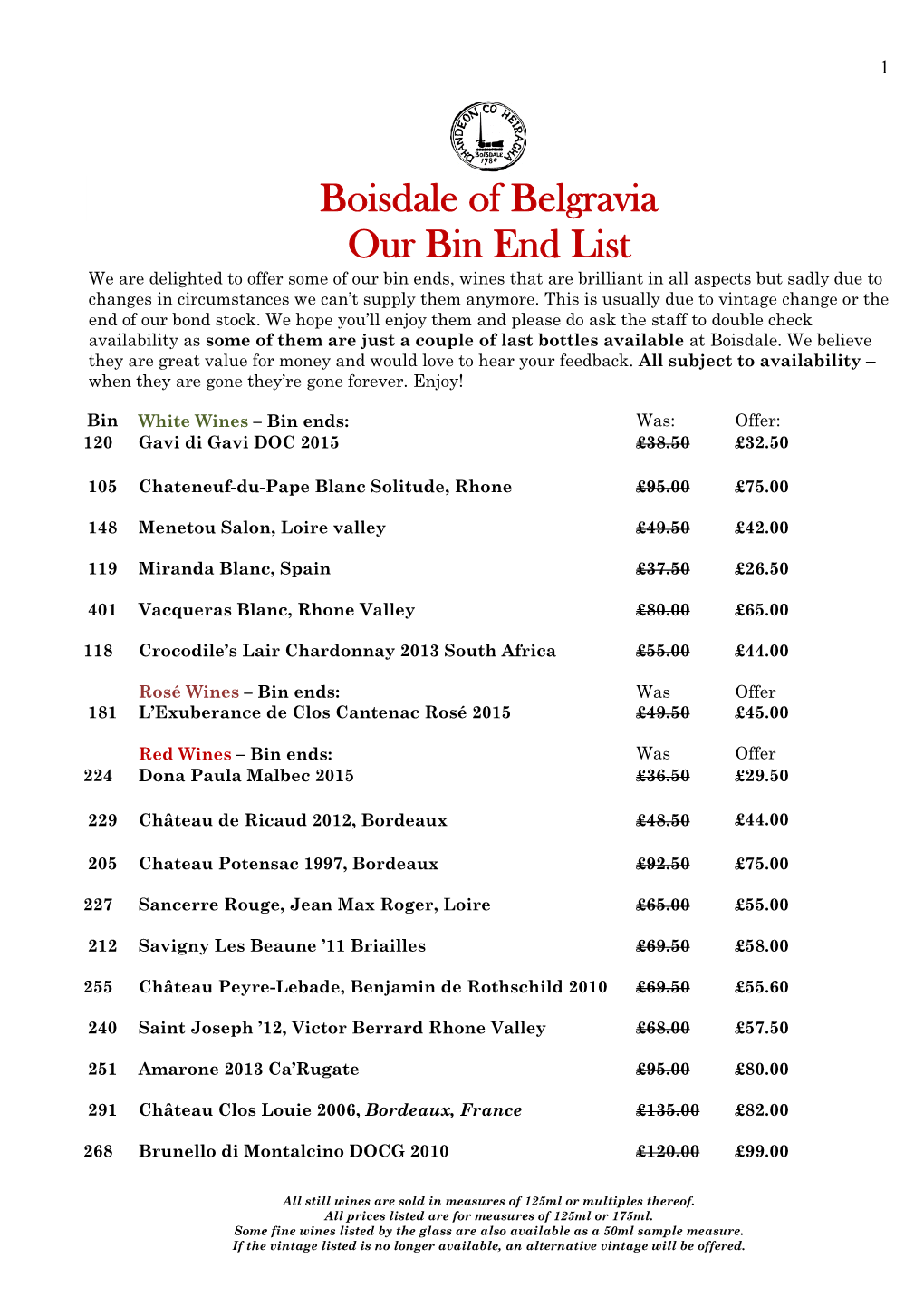 Boisdale of Belgravia Our Bin End List