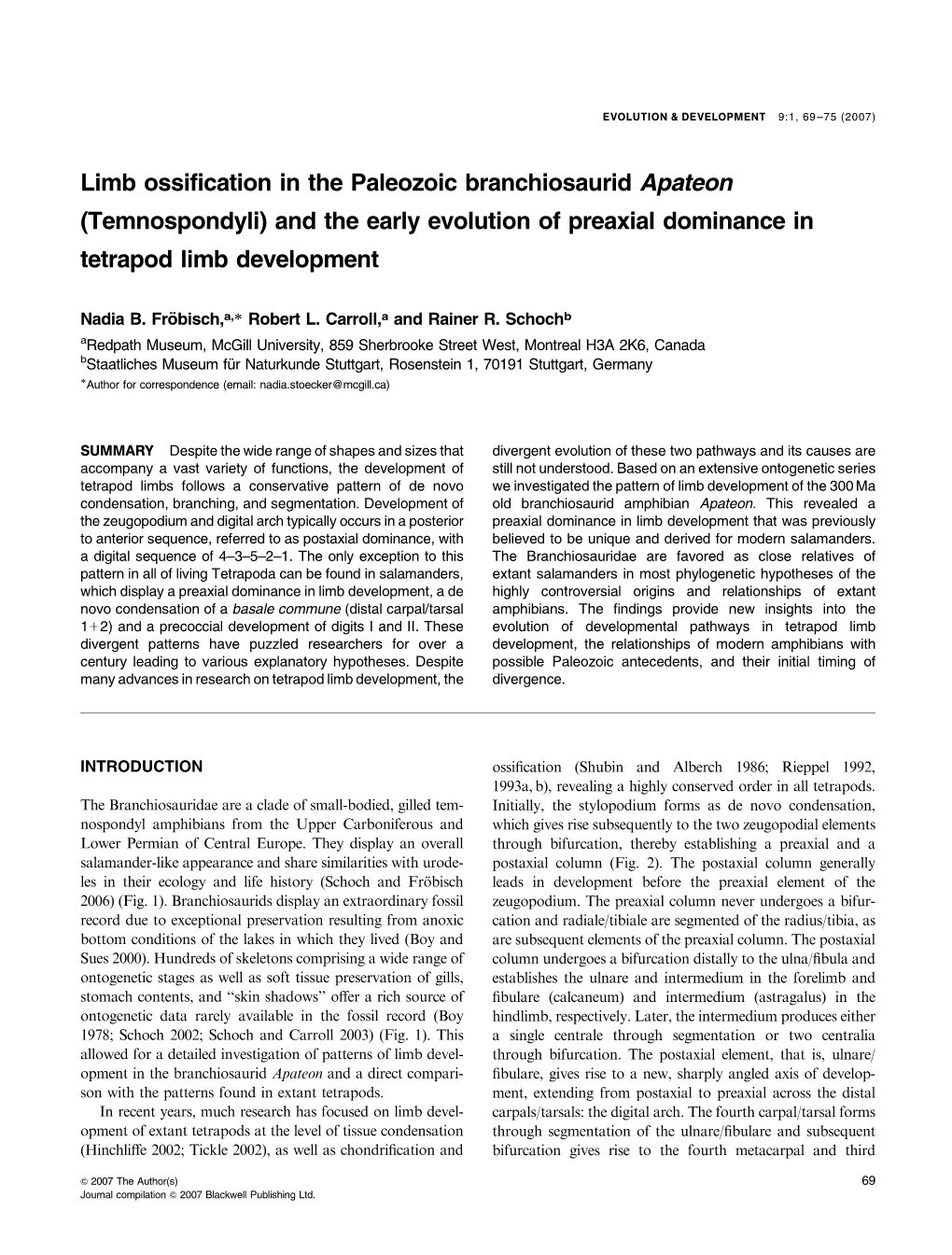 Limb Ossification in the Paleozoic Branchiosaurid Apateon (Temnospondyli) and the Early Evolution of Preaxial Dominance in Tetrapod Limb Development