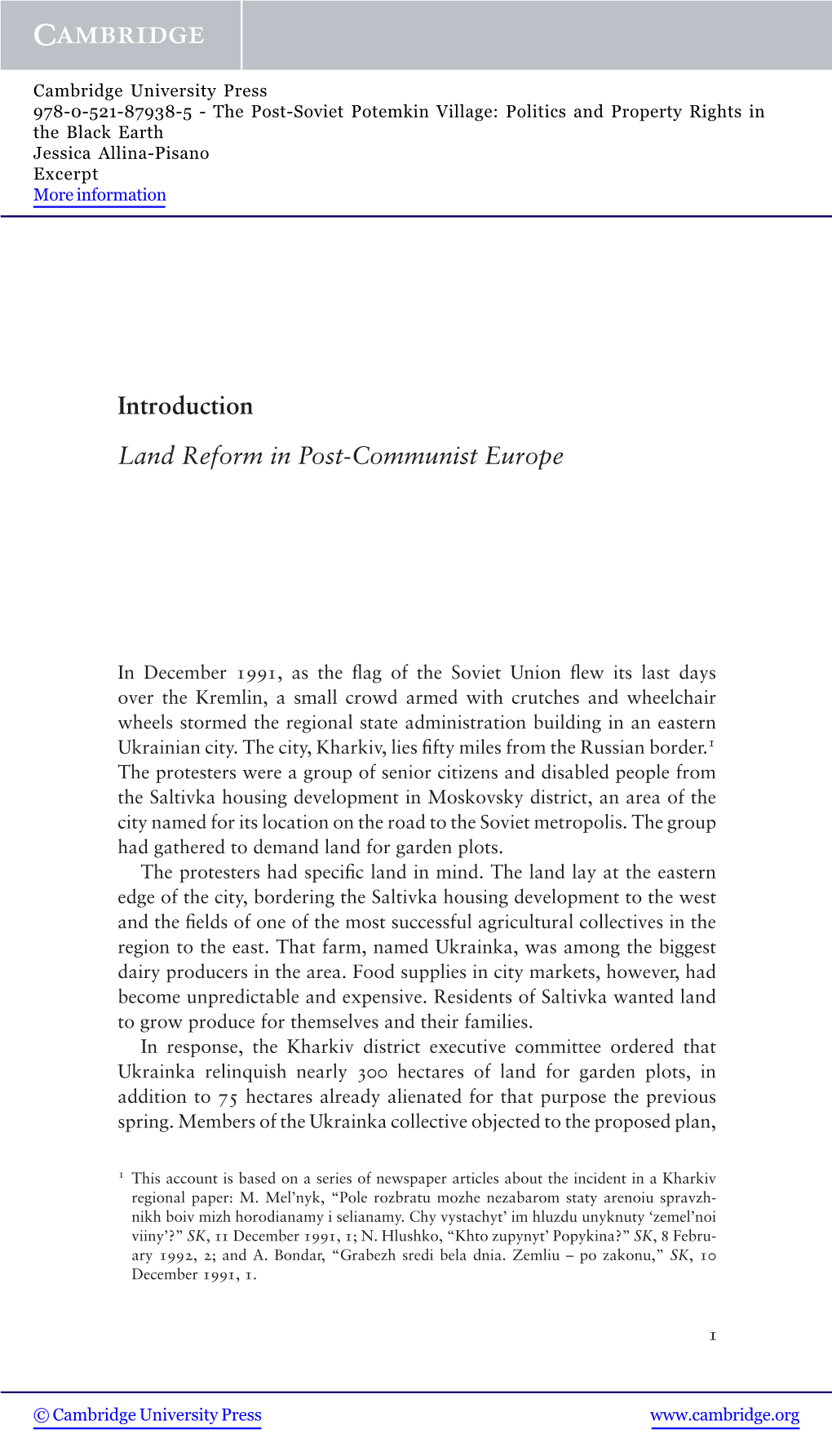 Introduction Land Reform in Post-Communist Europe