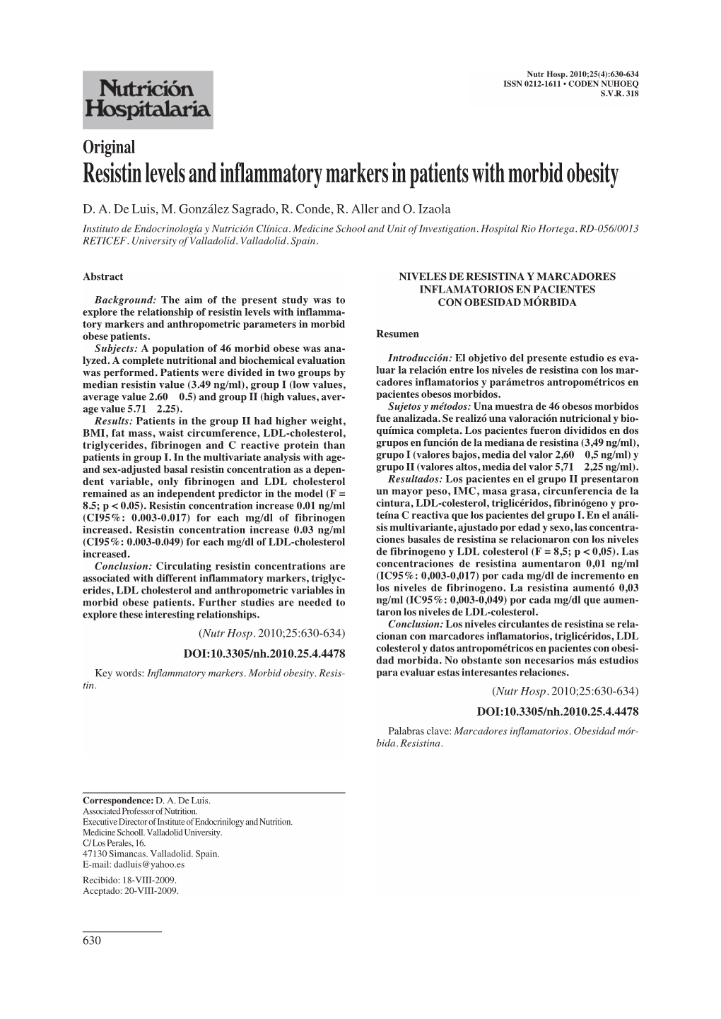 Resistin Levels and Inflammatory Markers in Patients with Morbid Obesity