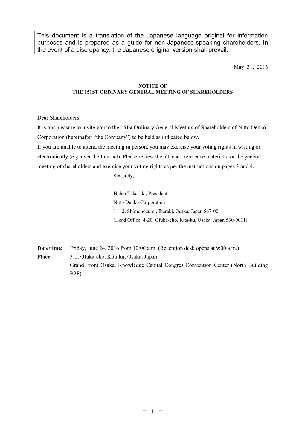 Notice of the 151St Ordinary General Meeting of Shareholders