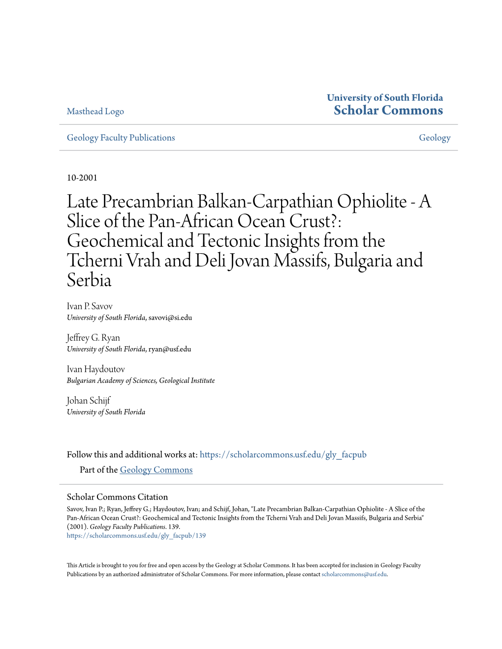 Late Precambrian Balkan-Carpathian Ophiolite