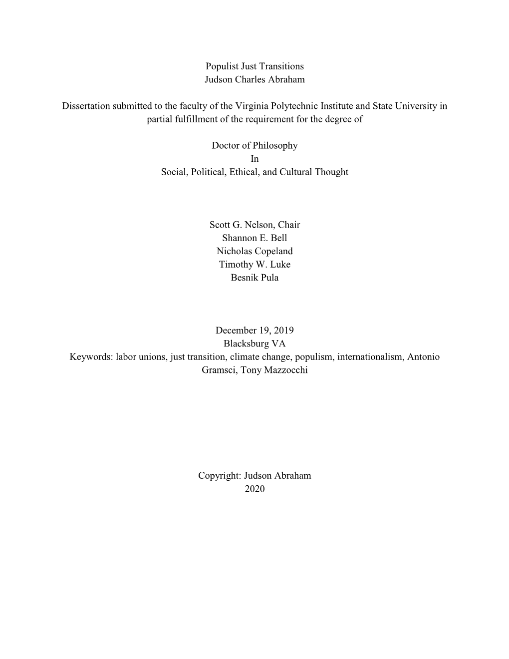 Populist Just Transitions Judson Charles Abraham Dissertation