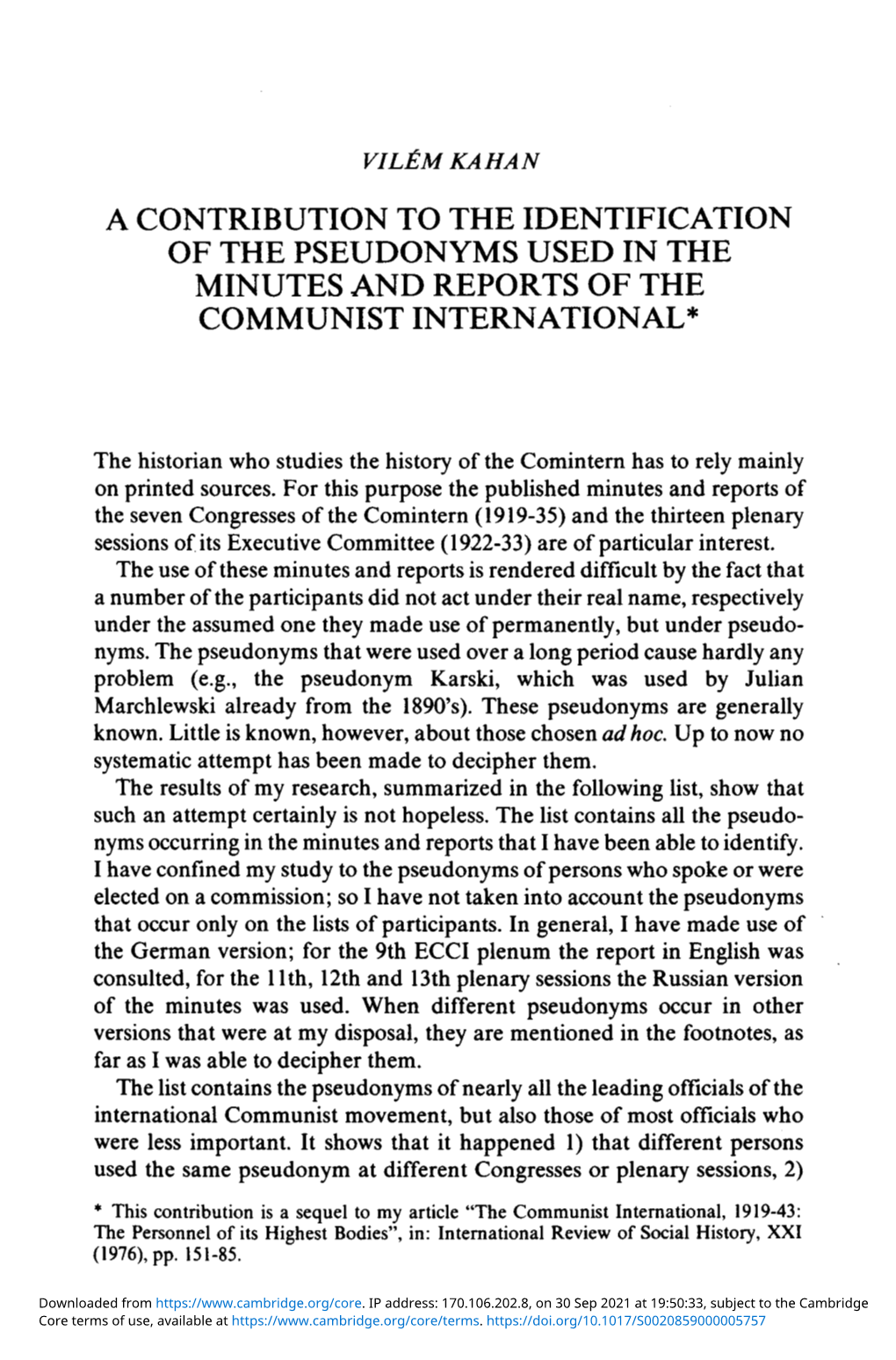 A Contribution to the Identification of the Pseudonyms Used in the Minutes and Reports of the Communist International*
