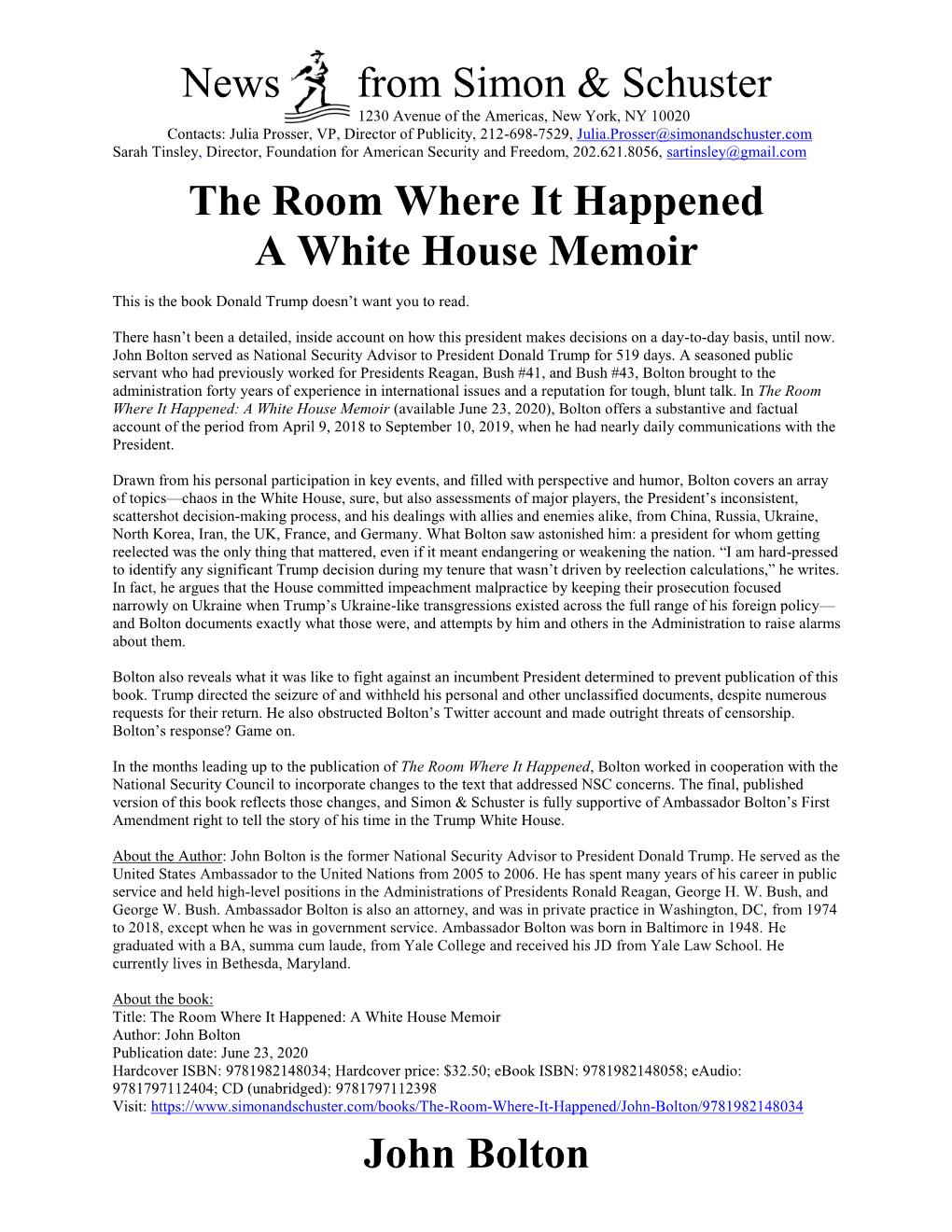 News from Simon & Schuster John Bolton the Room Where It