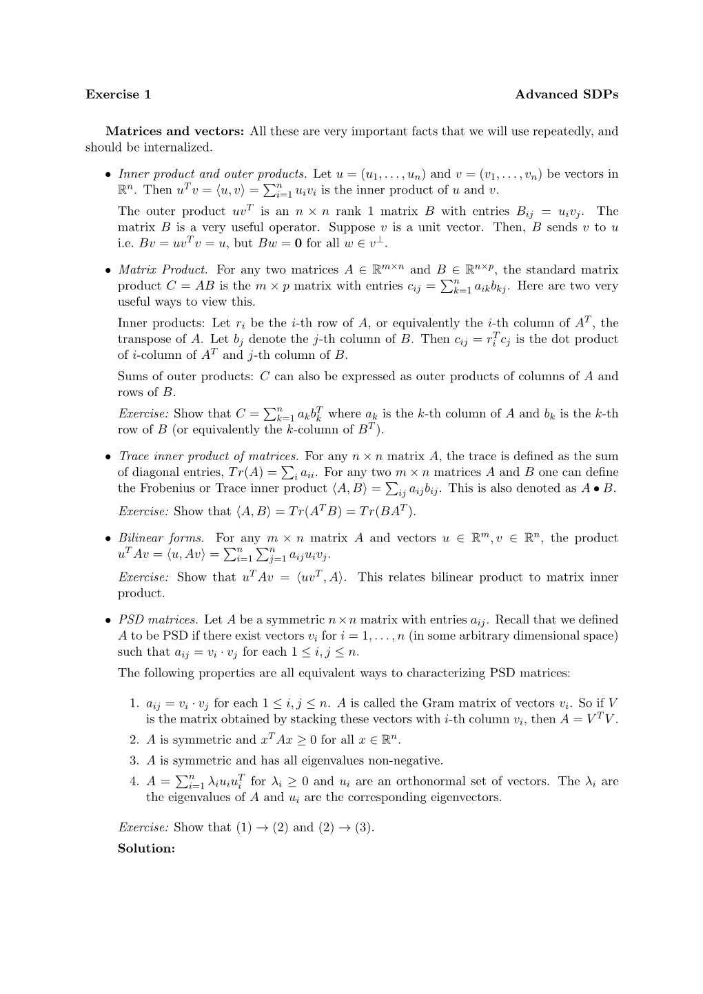 Exercise 1 Advanced Sdps Matrices and Vectors